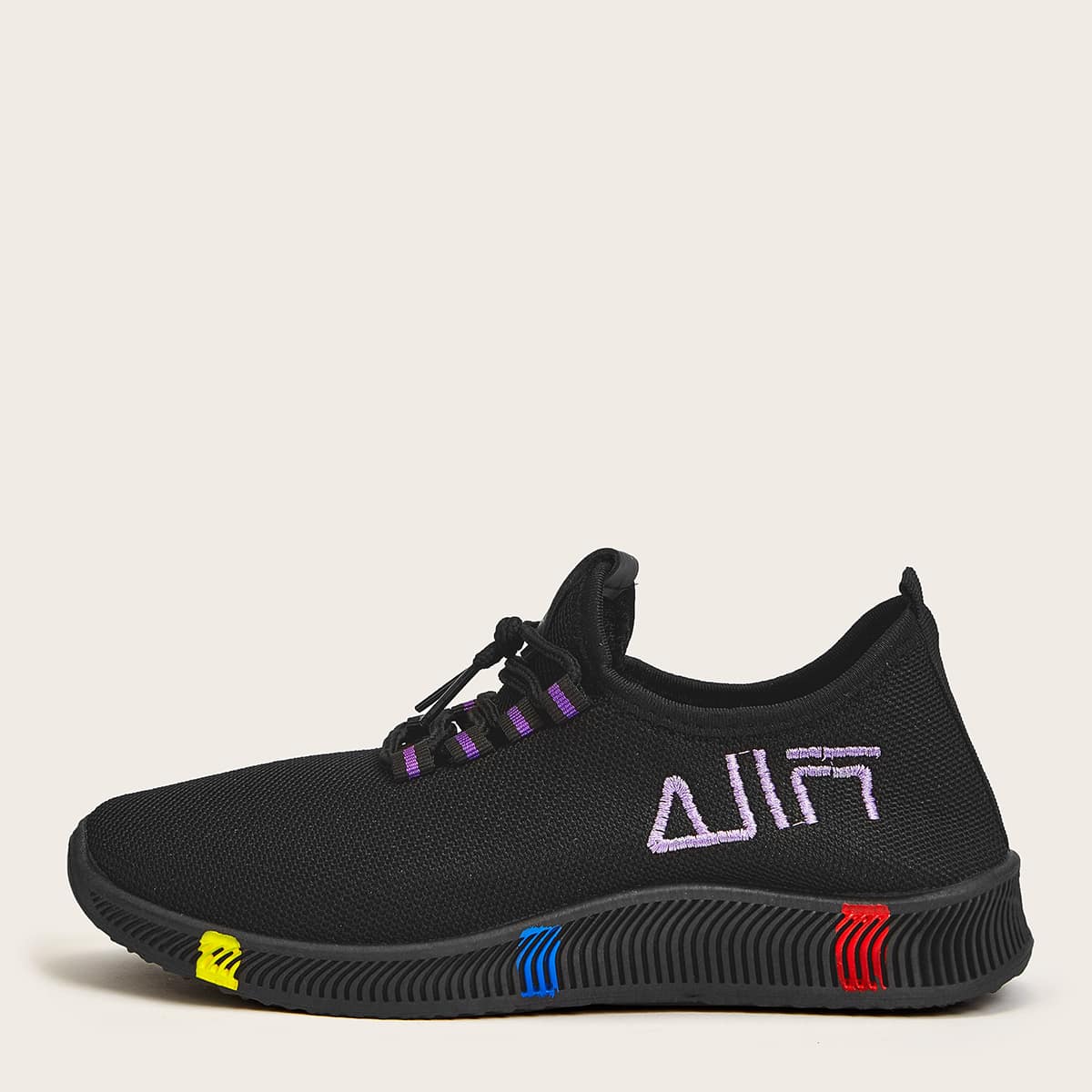 

Embroidery Knit Lace-up Sneakers, Black