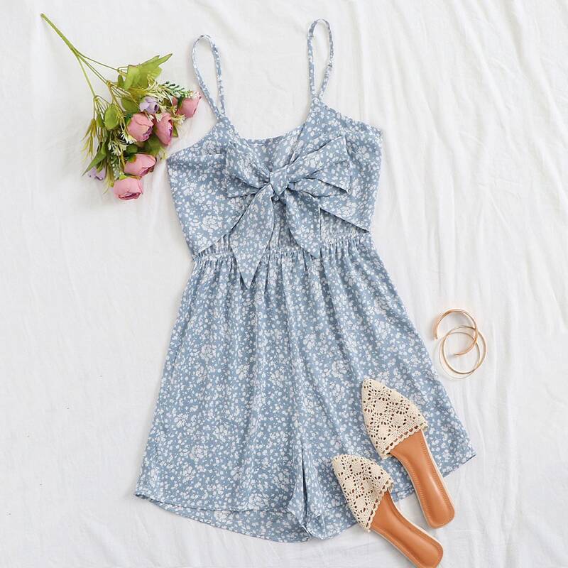 

Ditsy Floral Tie Front Cami Romper, Baby blue