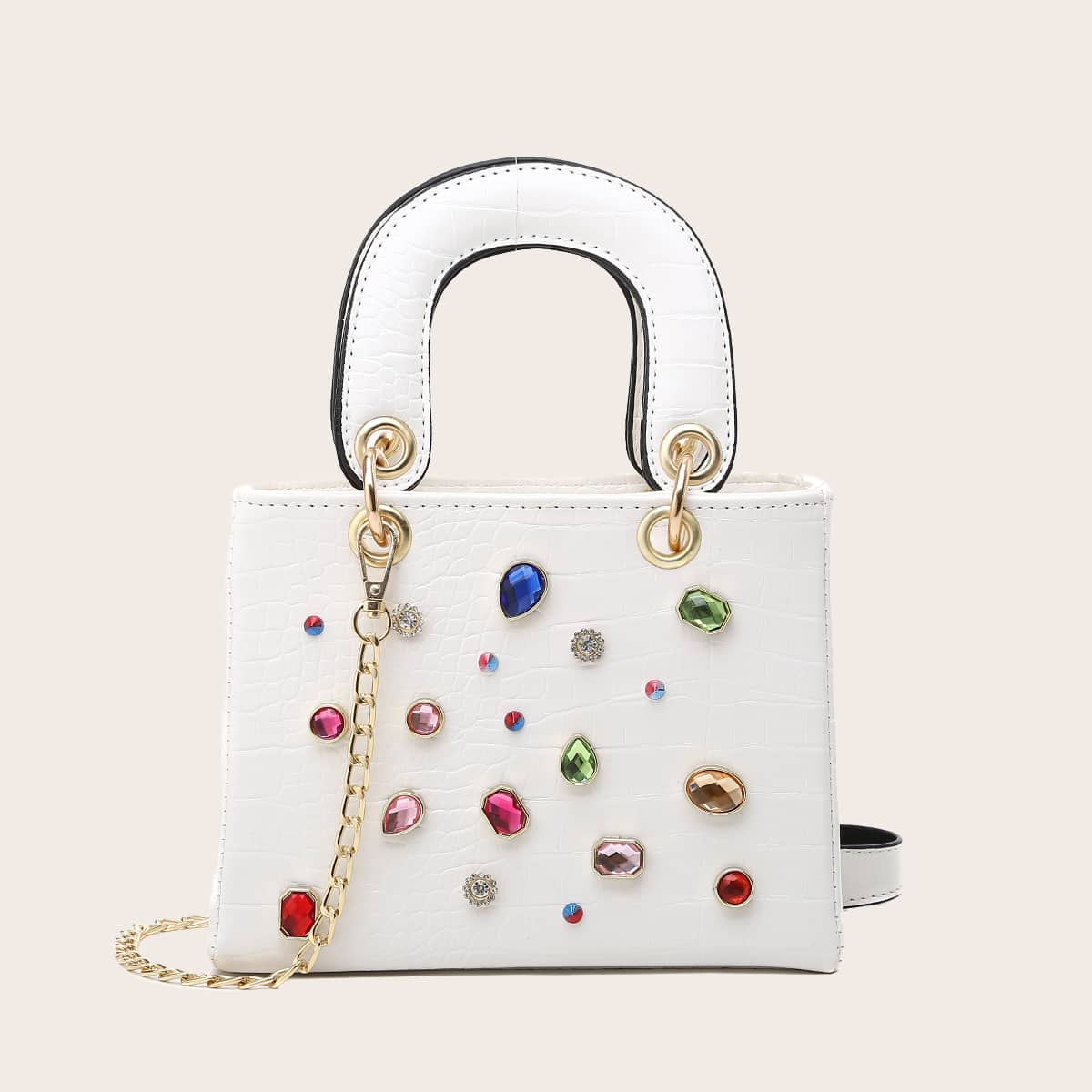 

Gemstone Decor Croc Embossed Satchel Bag, White