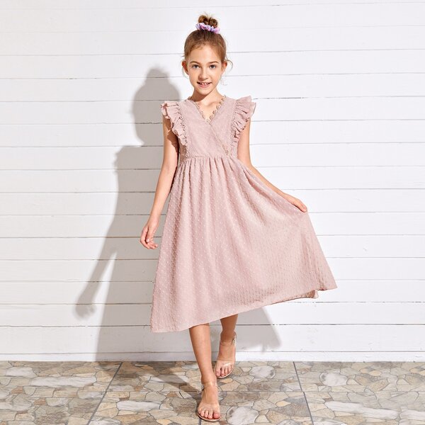 

Girls Clip Dot Ruffled Midi Dress, Pastel dusty pink