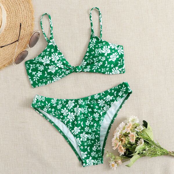 

Floral Print Knot Bikini Swimsuit, Green