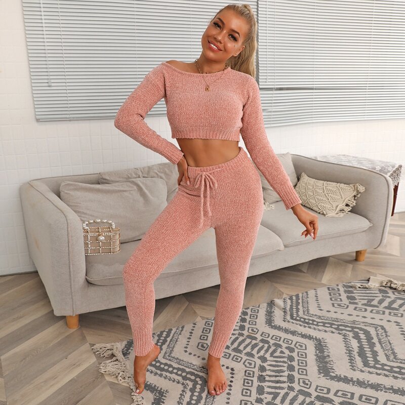 

Chenille Knit Crop Sweater & Drawstring Pants Set, Coral pink