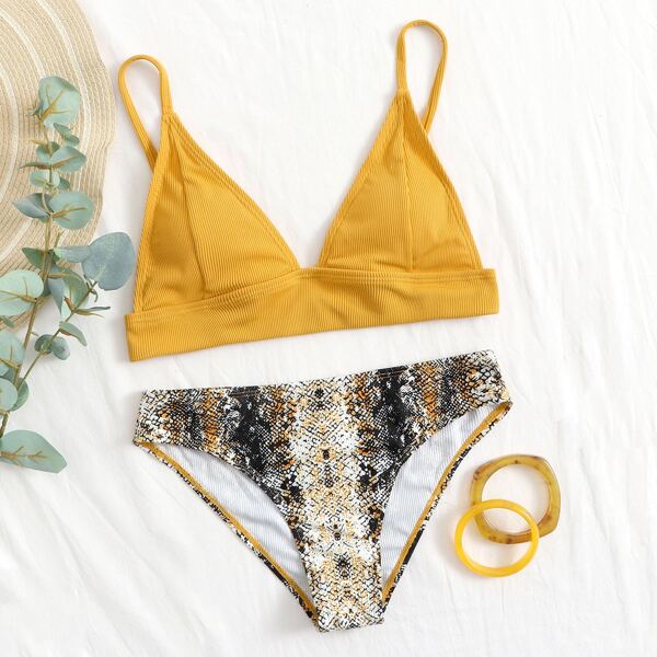 

Snakeskin Print Triangle Bikini Swimsuit, Multicolor