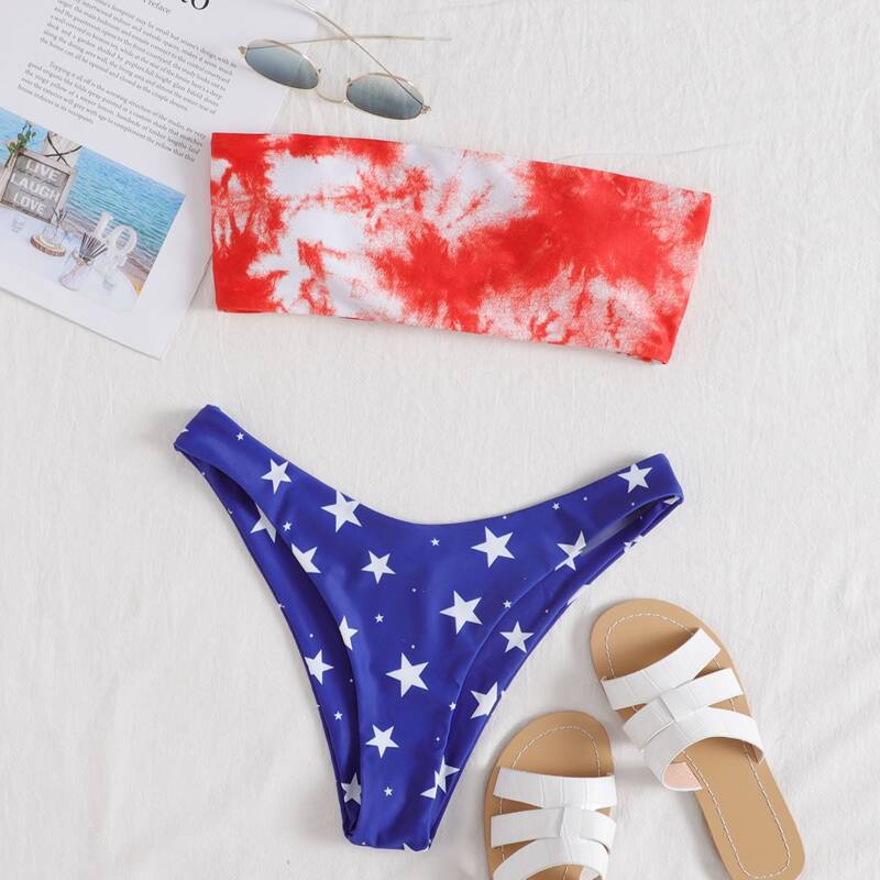 

Tie Dye & Star Print Bandeau Bikini Swimsuit, Multicolor