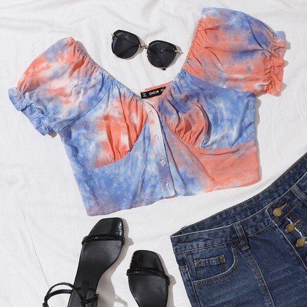 

Button Front Tie Dye Top, Multicolor