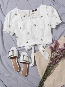 Floral Embroidered Tied Cutout Back Puff Sleeve Top - White - View 1