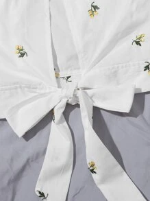 Floral Embroidered Tied Cutout Back Puff Sleeve Top - White - View 3