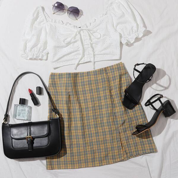 

Slit Hem Tartan Print Skirt, Multicolor