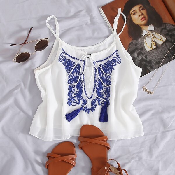 

Tie Neck Embroidery Cami Top, White
