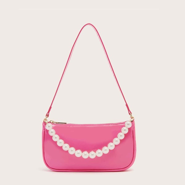 

Faux Pearl Decor Baguette Bag, Pink