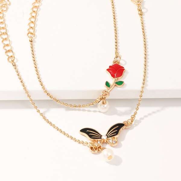 

2pcs Faux Pearl Rose Bracelet, Gold