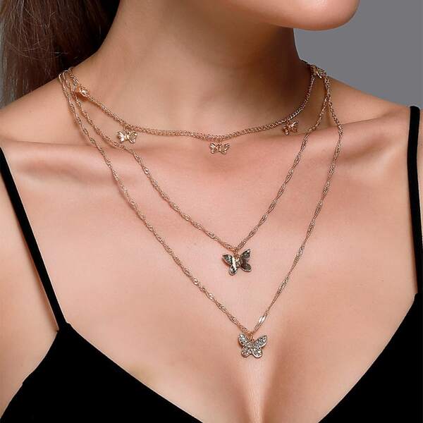 

Rhinestone Butterfly Layered Necklace, Gold