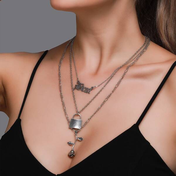 

Lock Rose Layered Necklace, Silver