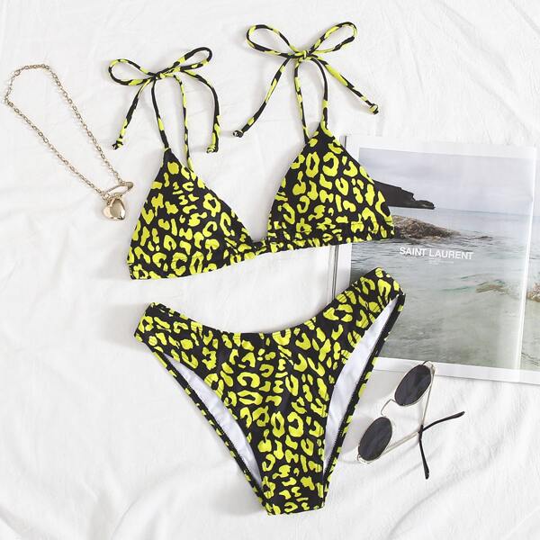 

Leopard Self Tie Triangle Bikini Swimsuit, Yellow