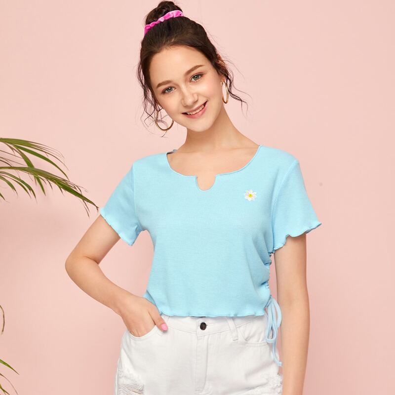 

Embroidery Floral Drawstring Tee, Mint green