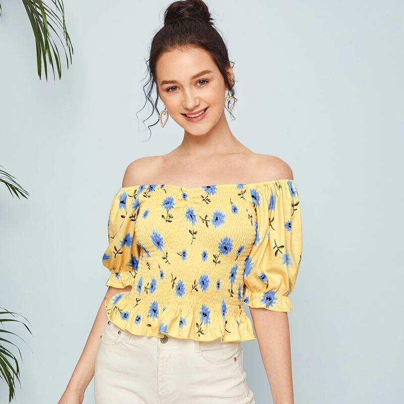 

Floral Shirred Off Shoulder Blouse, Yellow