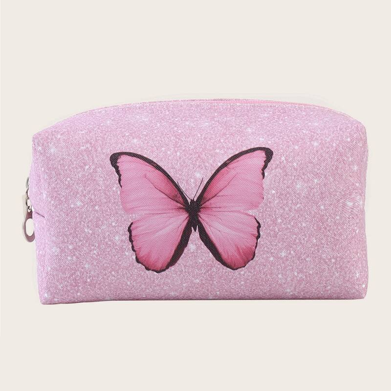 

1pc Butterfly Print Makeup Bag, Pink