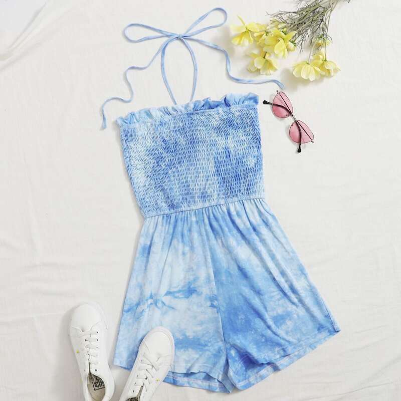

Tie Dye Shirred Halter Romper, Blue