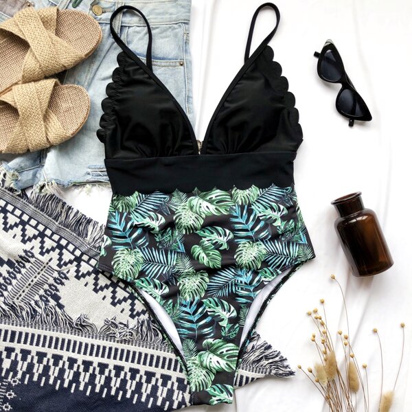 

Tropical Scalloped Trim One Piece Swimsuit, Multicolor