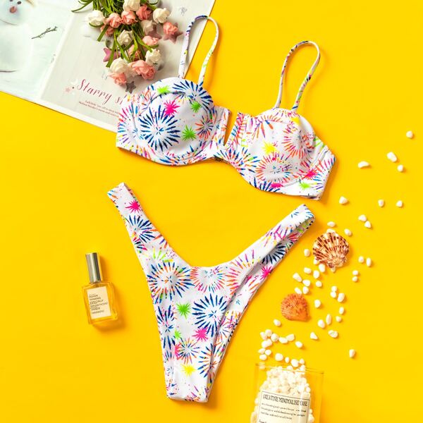 

Fireworks Print V Wired Underwire Bikini Swimsuit, Multicolor