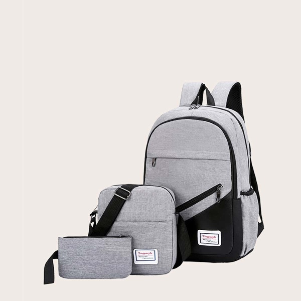 

3pcs Color Block Backpack With Clutch Bag, Grey