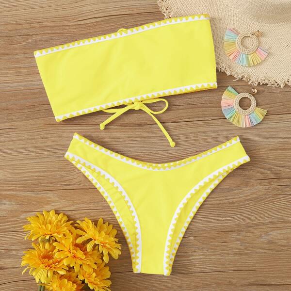 

Whip Stitch Lace-up Bandeau Bikini Swimsuit, Yellow bright