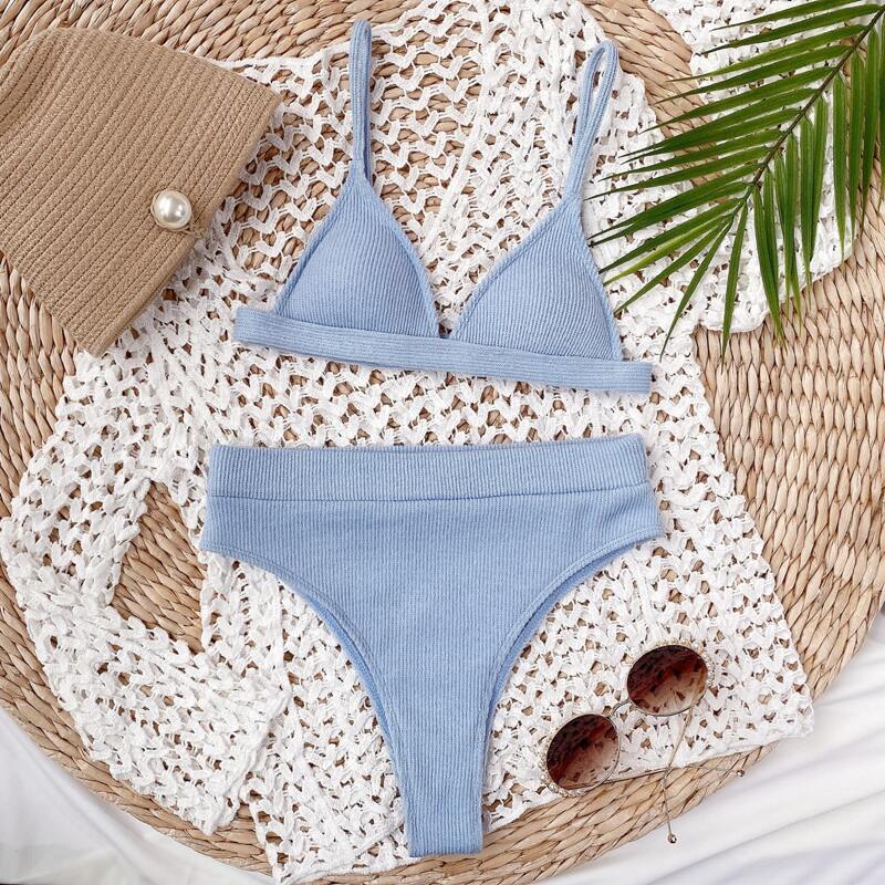 

Rib Triangle High Waisted Bikini Swimsuit, Dusty blue