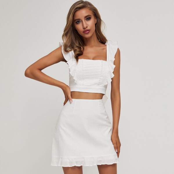 

Tie Back Guipure Lace Trim Ruffle Trim Top, White