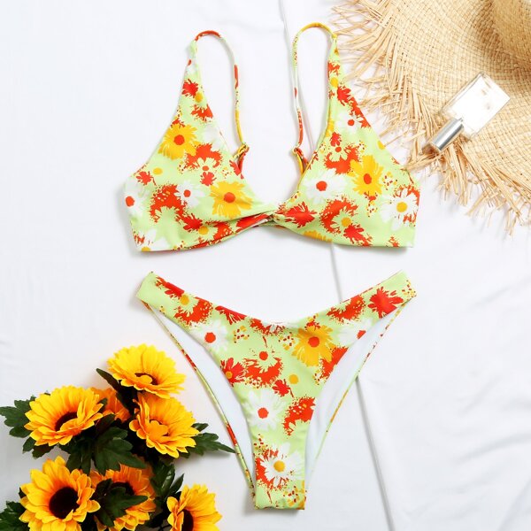 

Floral Twist High Cut Bikini Swimsuit, Multicolor