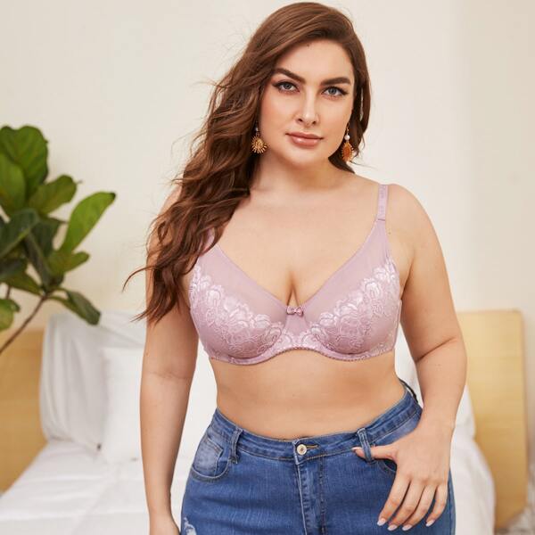 

Plus Contrast Lace Underwire Bra, Pastel baby pink