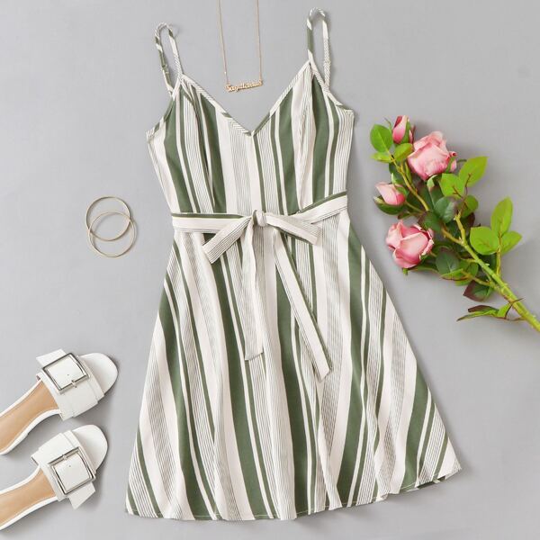 

Striped Print Belted Cami Dress, Multicolor