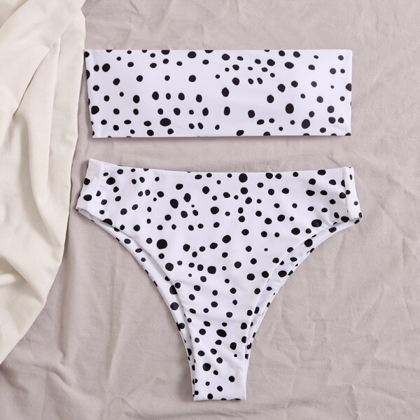 

Dalmatian Bandeau High Waisted Bikini Swimsuit, Black and white