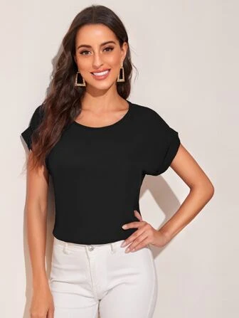 Top unicolor de manga dolman de puño doblado