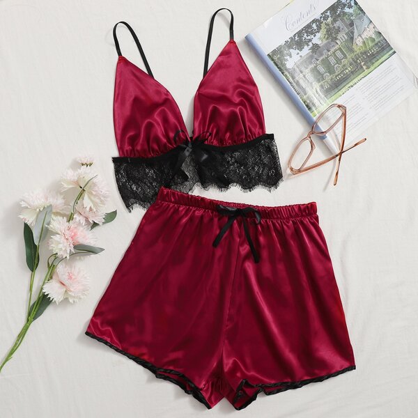 

Contrast Lace Satin Bralette With Shorts, Burgundy