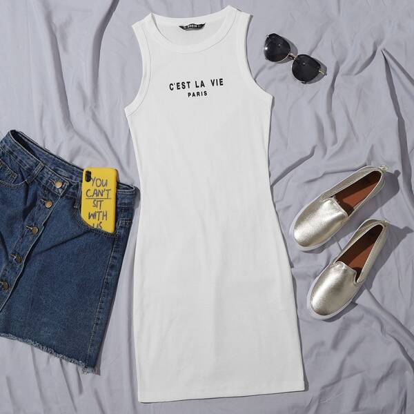 

Letter Graphic Sleeveless Dress, White
