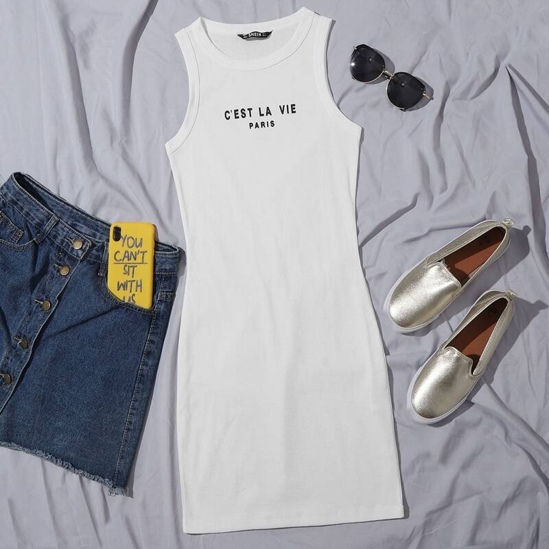 

Letter Graphic Sleeveless Dress, White
