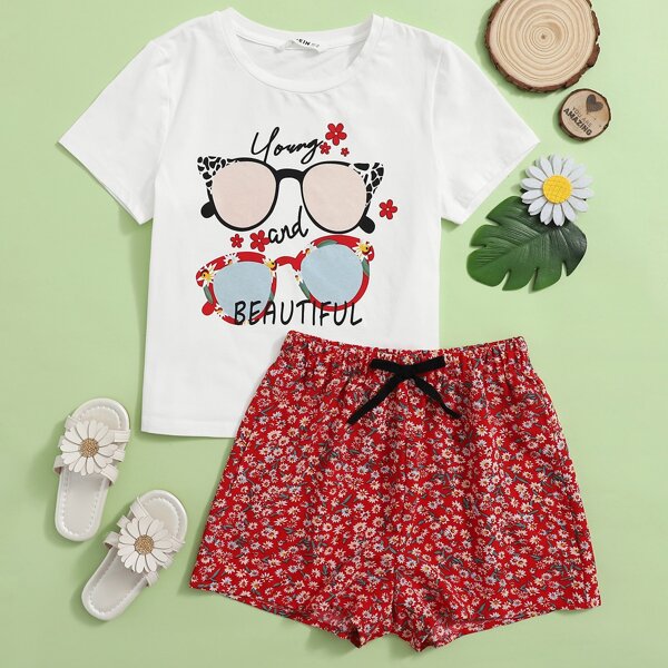 

Girls Sunglasses Graphic Tee & Ditsy Floral Shorts Set, Multicolor