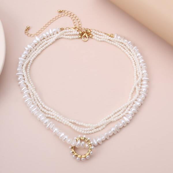 

2pcs Faux Pearl Beaded Necklace, White