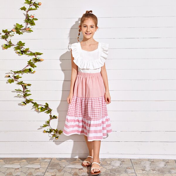 

Girls Ruffle Trim Solid Top & Flounce Hem Skirt Set, Multicolor
