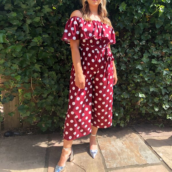 

Plus Polka Dot Foldover Off Shoulder Jumpsuit, Burgundy
