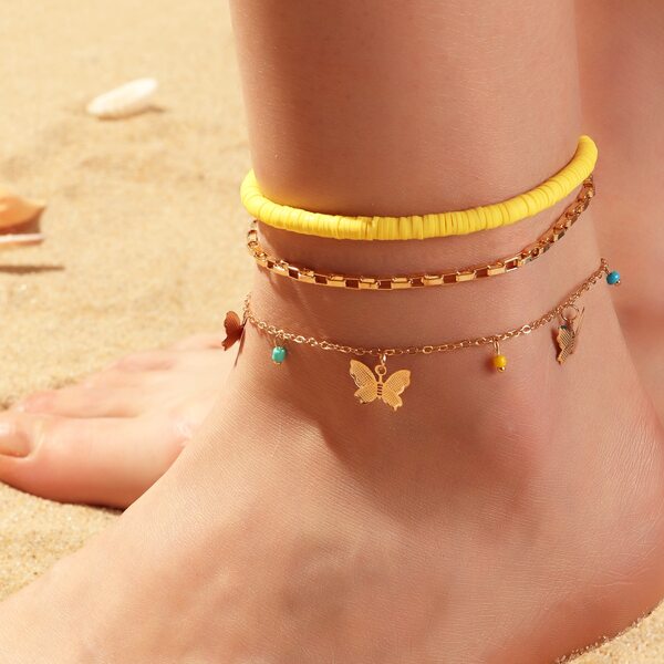 

Butterfly & Bead Charm Anklet Set - 3pcs, Gold