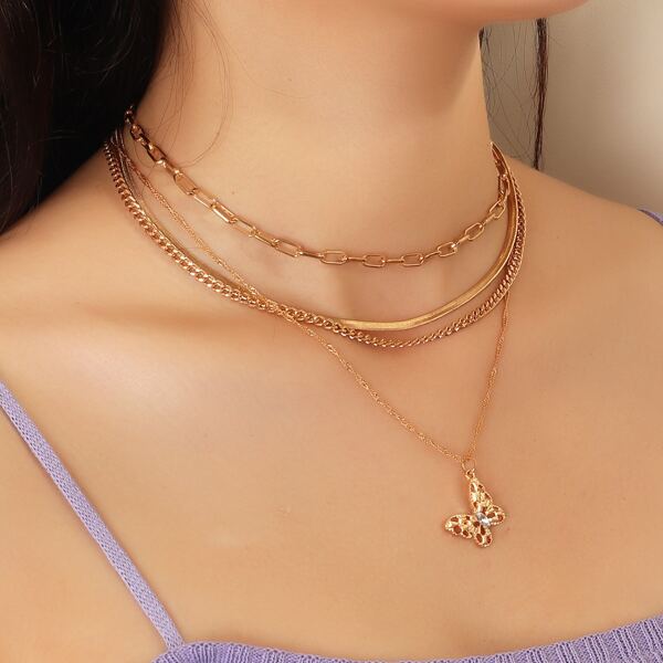 

Rhinestone Butterfly Charm Necklace, Gold