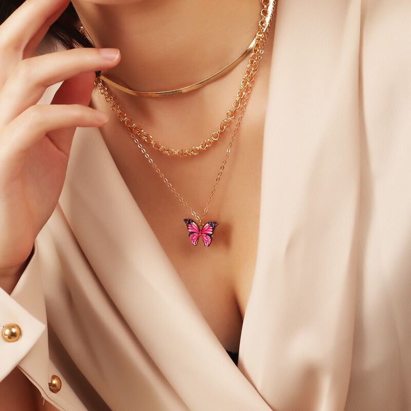 

Butterfly Layered Necklace, Pink