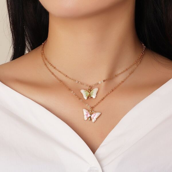 

2pcs Butterfly Charm Necklace, Multicolor