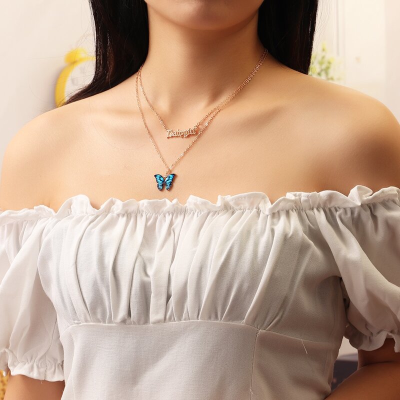 

Butterfly Layered Necklace, Blue