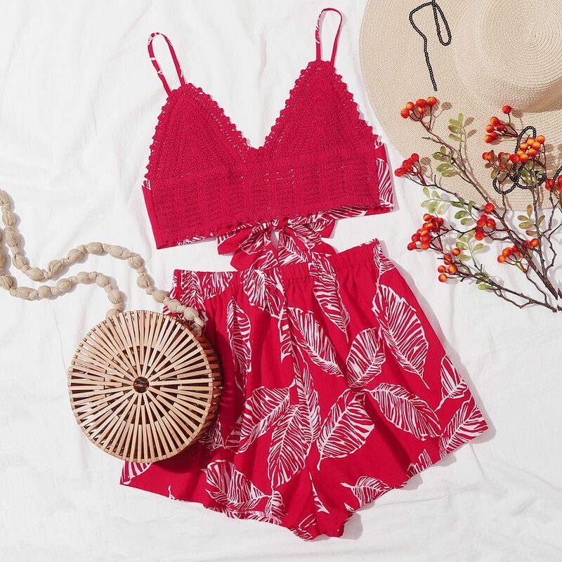 

Tie Back Crochet Bralette Top and Shorts Set, Rose red