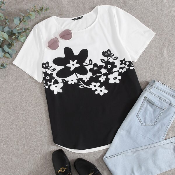 

Plus Curved Hem Floral Print Top, Black and white
