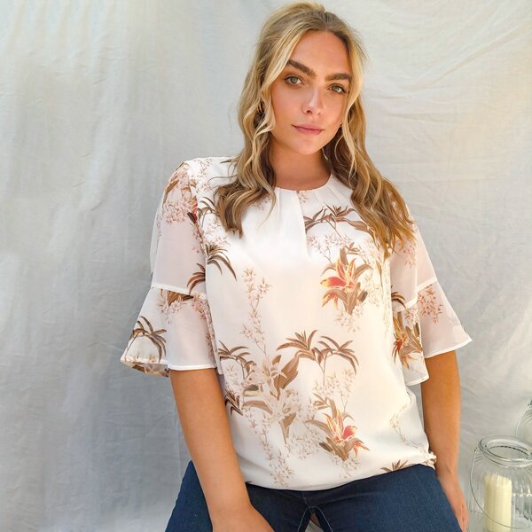 

Plus Pleated Neckline Flounce Sleeve Plants Print Top, White