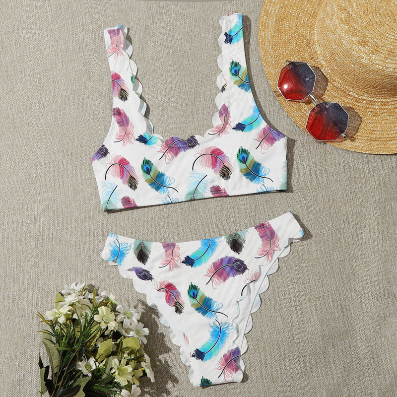 

Feather Print Scallop Trim Bikini Swimsuit, White
