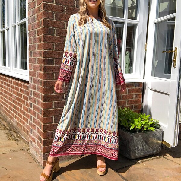 

Платье в полоску с принтом размера плюс, Многоцветный